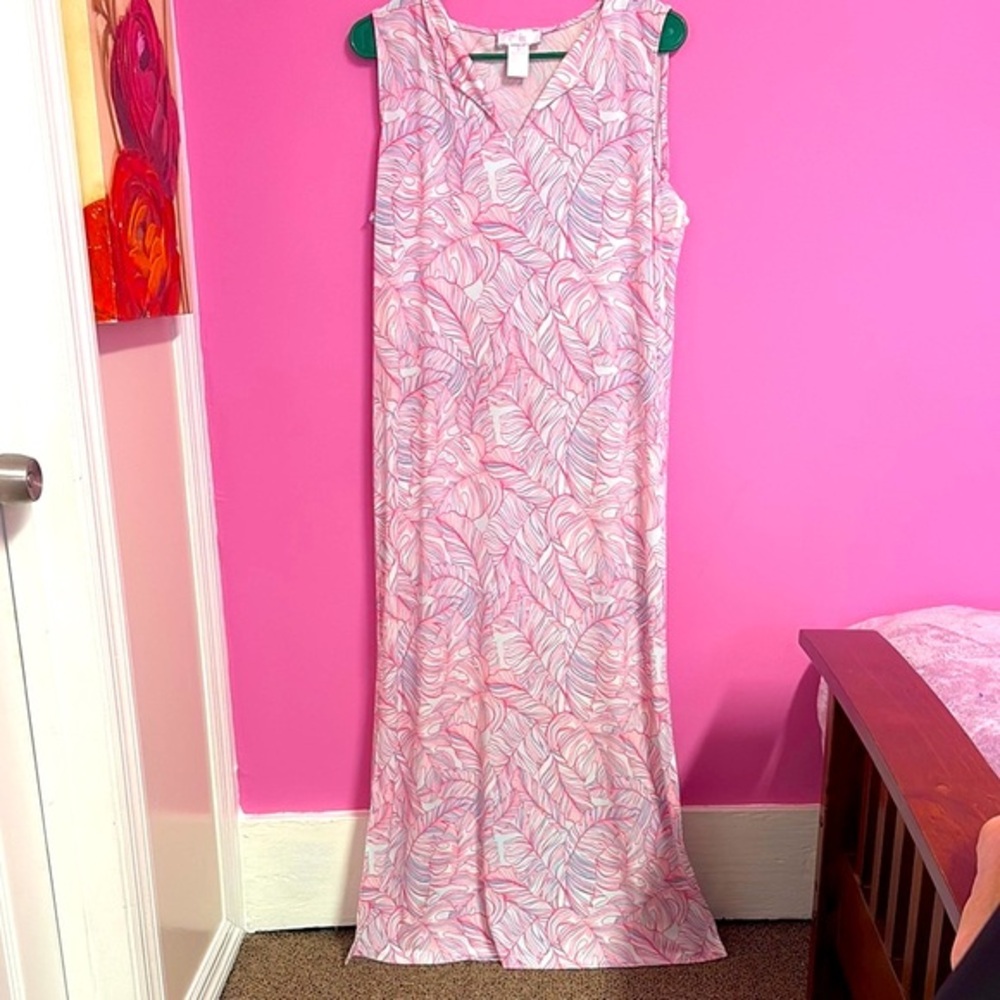 Stella Parker Pink blue and White tropical Leaf Pattern Maxi Dress size Large